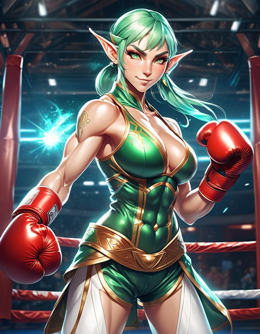 Alluring Elf Boxer with Magic Aura, Anime Art