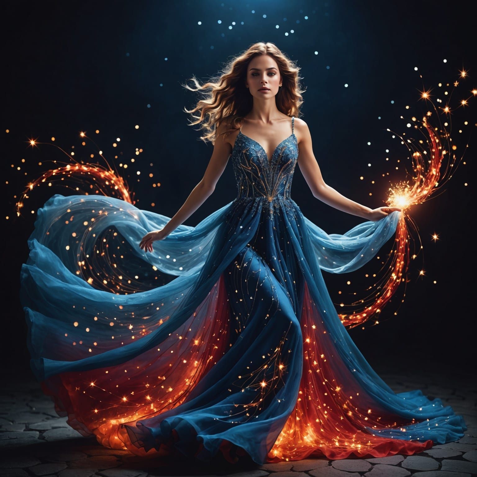 Luminous Woman in Blue Gown with Stars