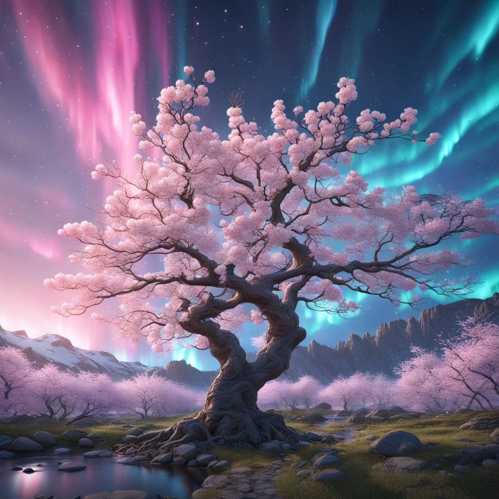 Sakura Aurora Borealis: Hyperrealistic Detailed 8K Art