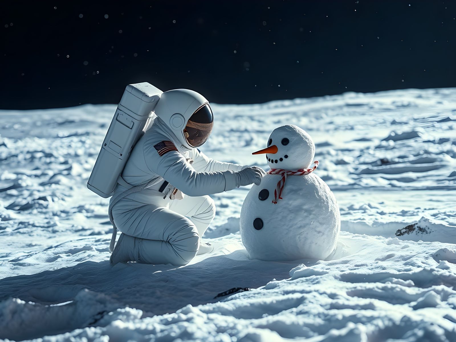 Astronaut Builds Snowman on Snowy Moon