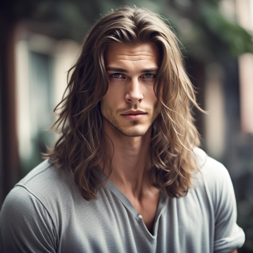 Portrait of a Beautiful Young Man with Long Hair