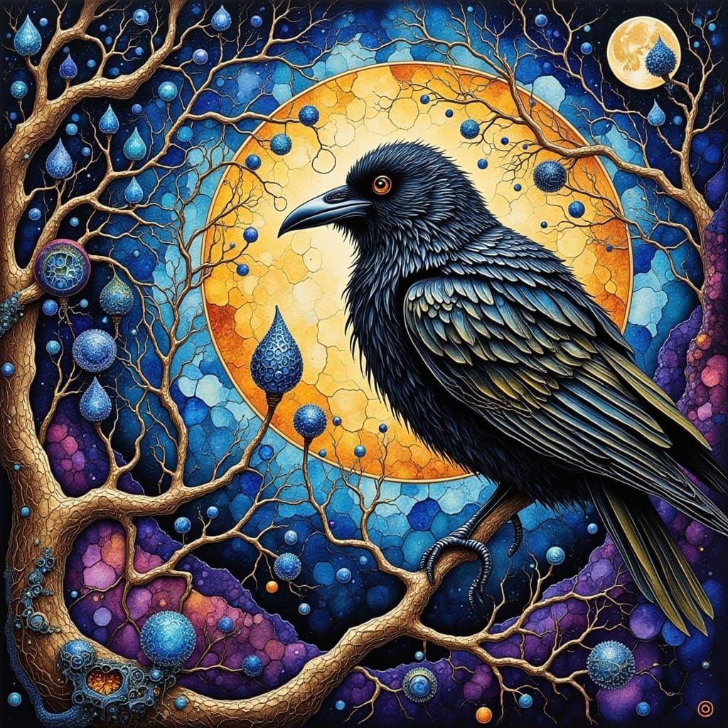 Crow on Branch Under Giant Moon