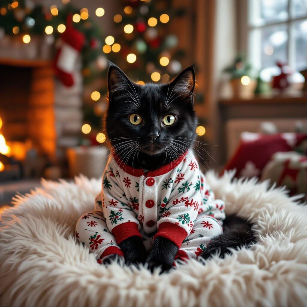 Cute Black Cat in Christmas Pajamas on Hearth