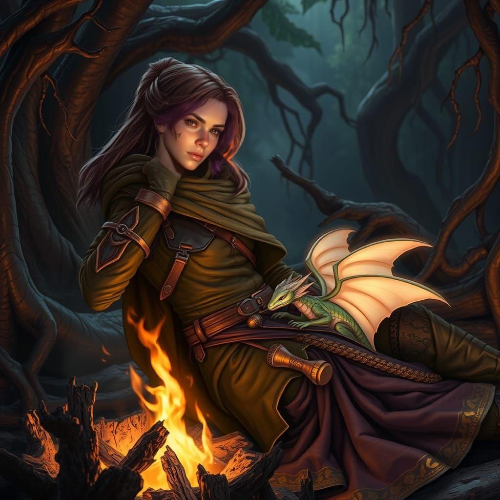 Ranger and Dragon Campfire Scene in Dark Fantasy Style