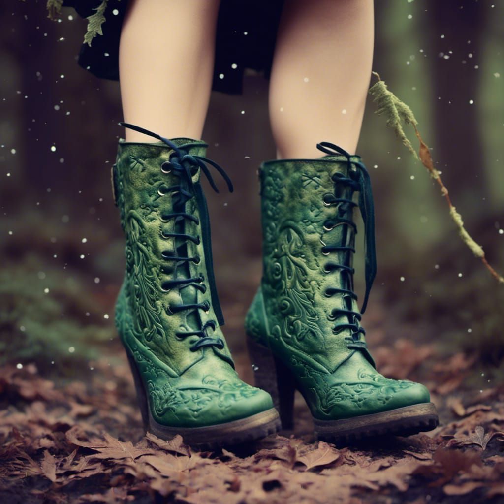 Etched Green Leather Boots with High Laces