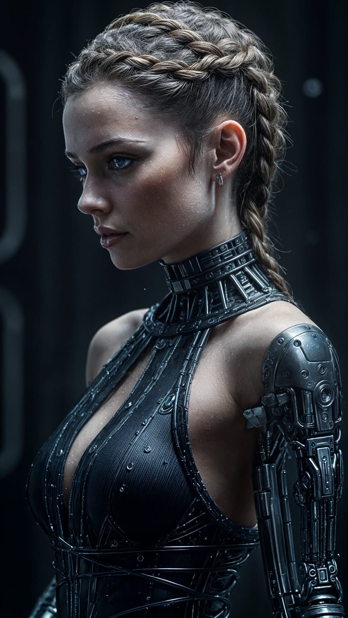 Cyborg Woman with Bionic Arms and Braided Hair