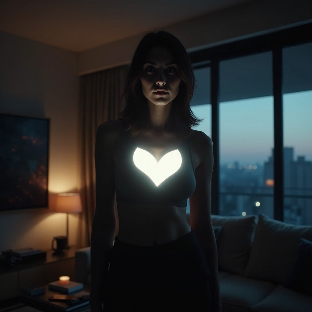 Woman with TV in Chest: Cinematic Still