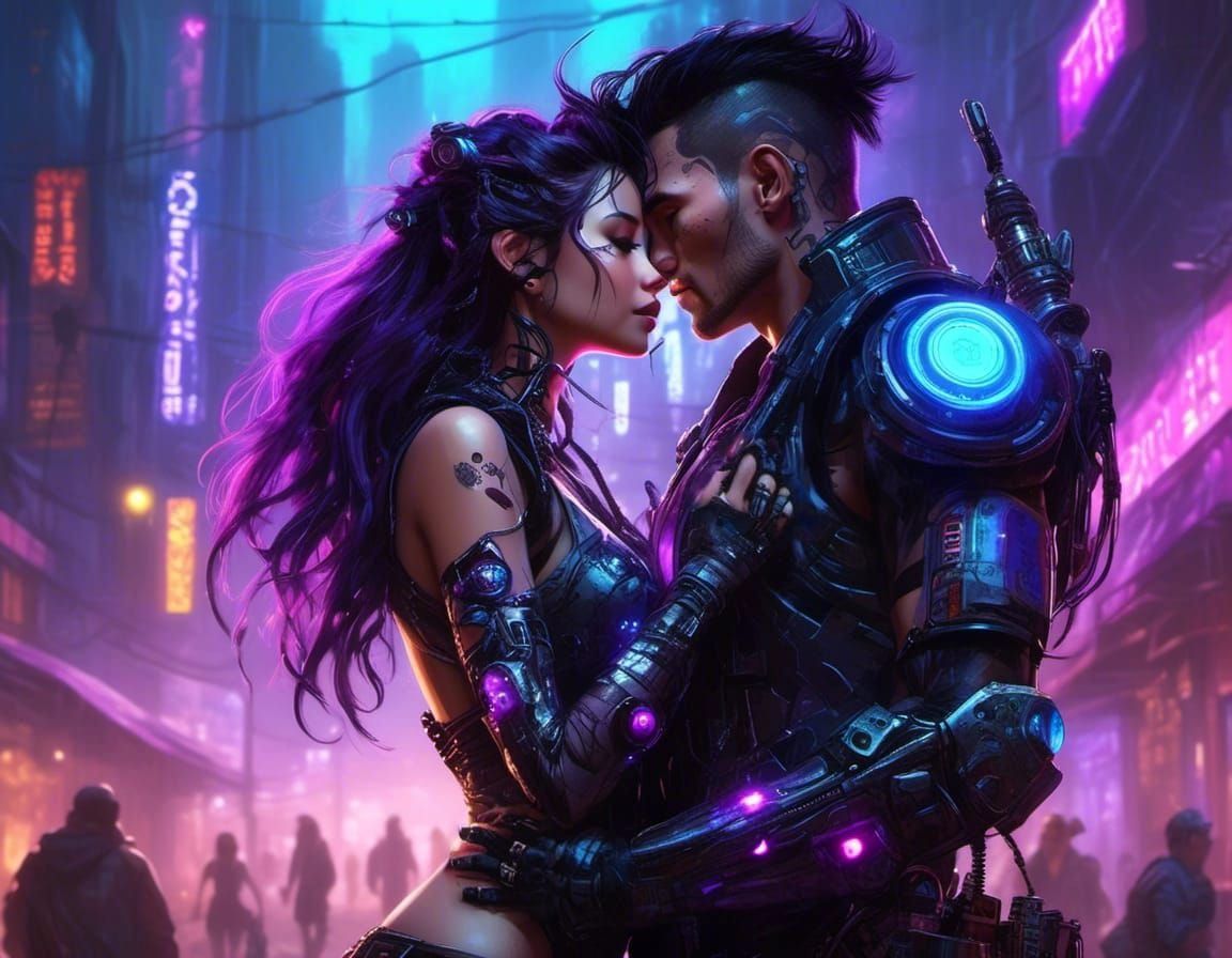 Cyberpunk Cyborgs Embrace in Neon Cityscape