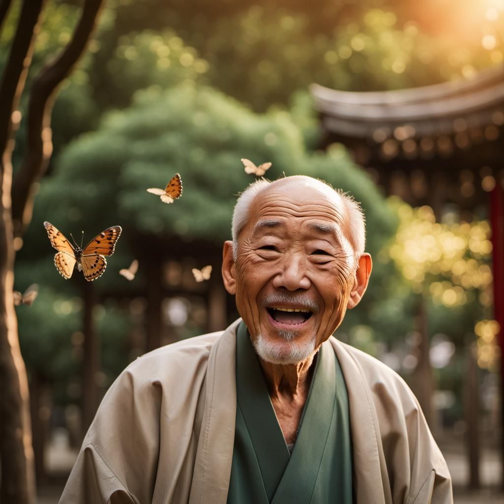 Joyful Old Man at Shinto Shrine in Sunset