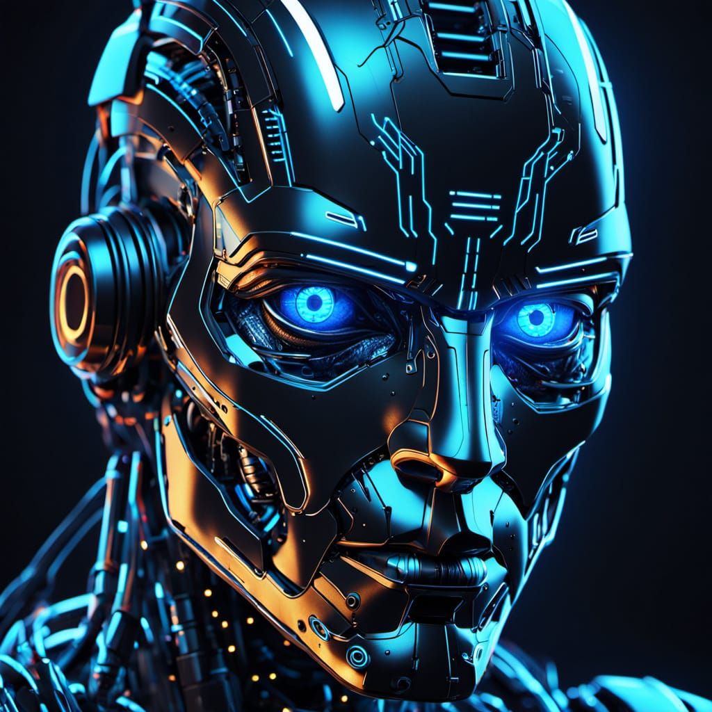 Futuristic Robot's Face in Neon-Lit Cyberpunk Style