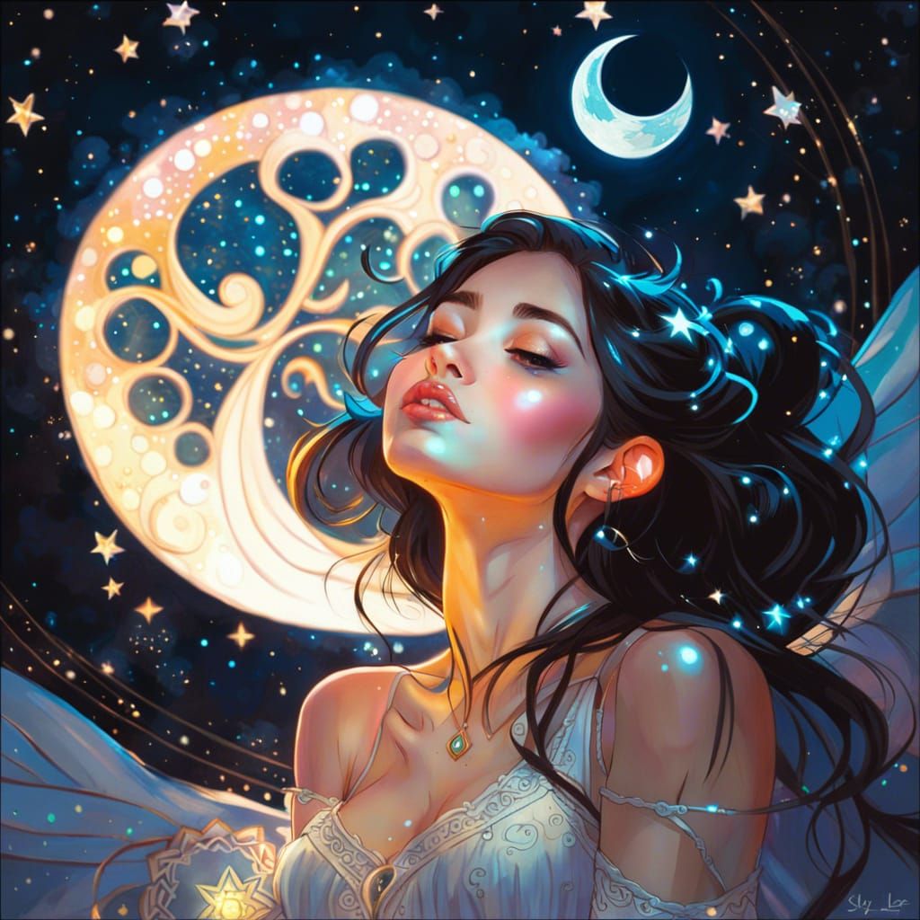 Fairy Gazing at Mandala Moon in Digital Art Style