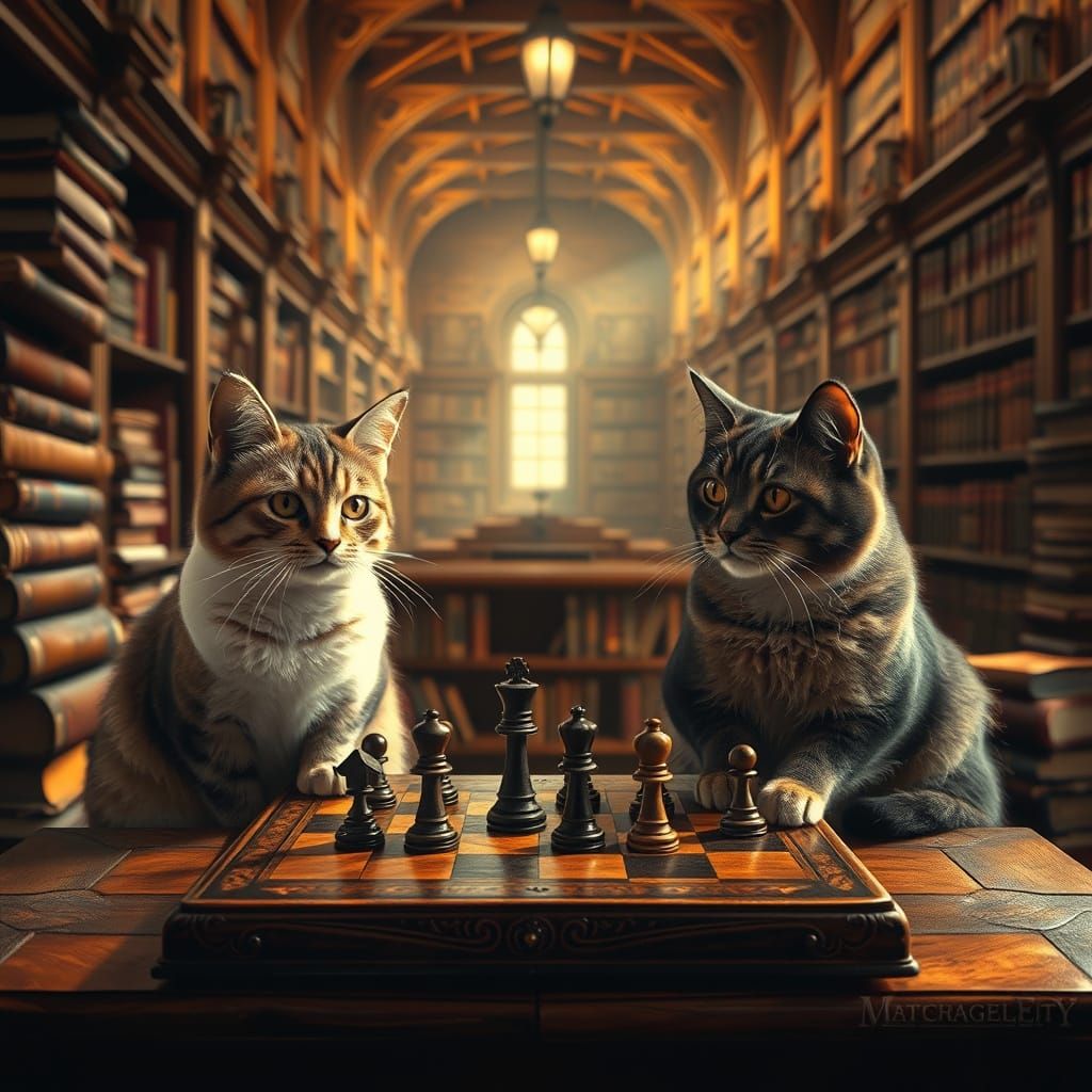Whimsical Chess Study in a Vintage Library