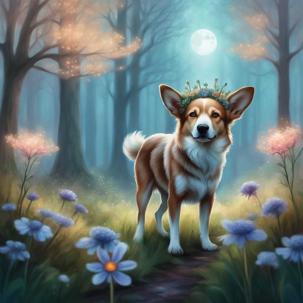 Dog with Wildflower Crown in Enchanted Forest