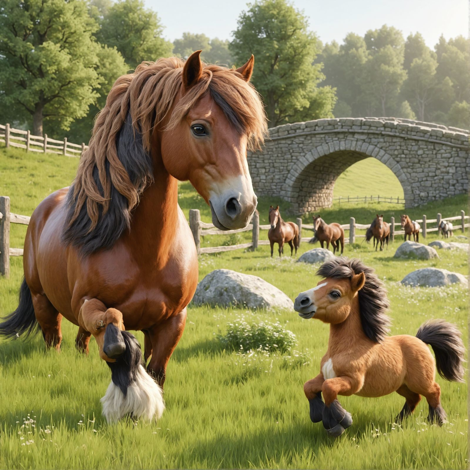 Medieval Mother Horse and Pony in Sunny Meadow