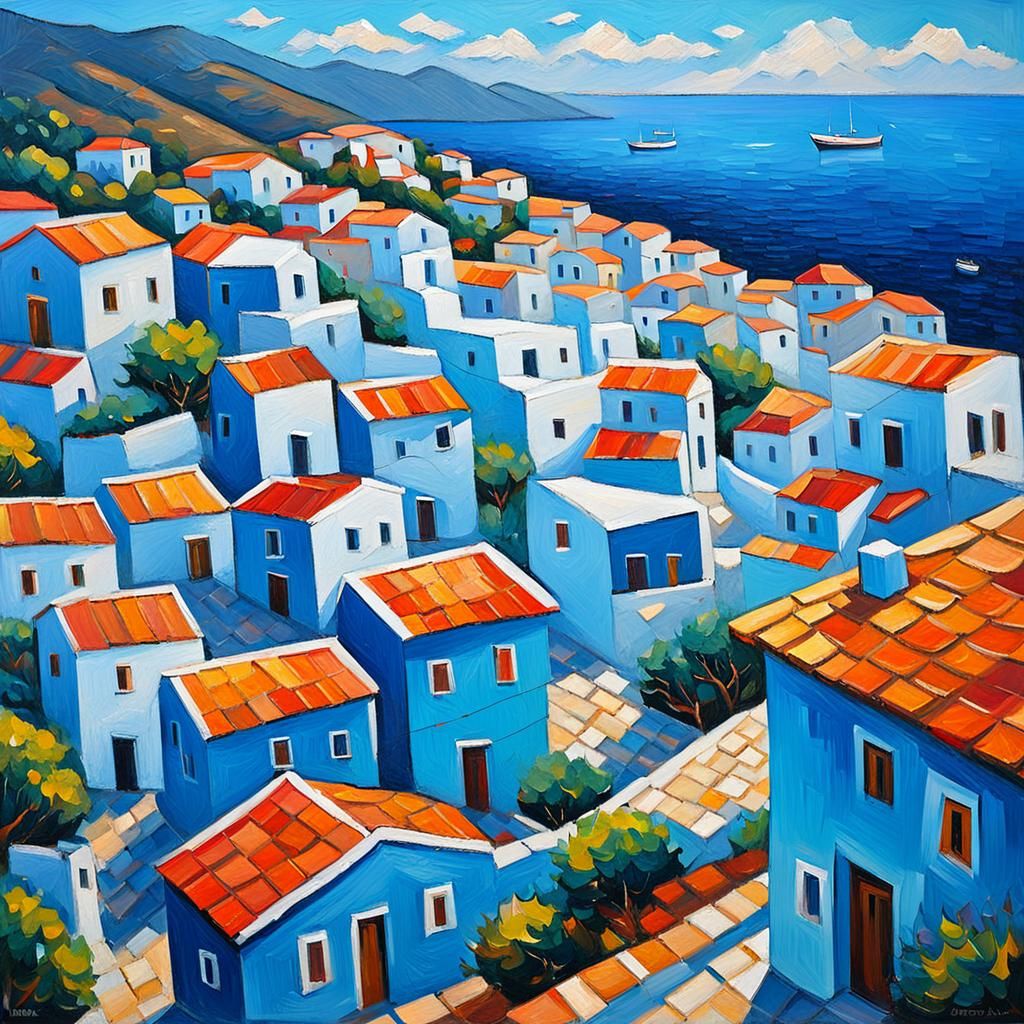 Greek Island Village: Neo-Impressionist Oil Painting