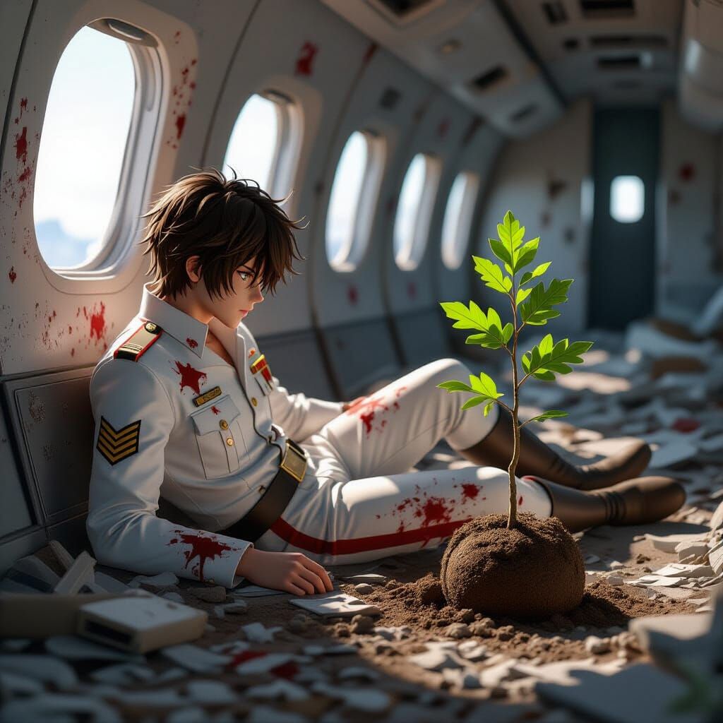 Wounded Soldier's Hope: Oak Sapling Amidst Ruins