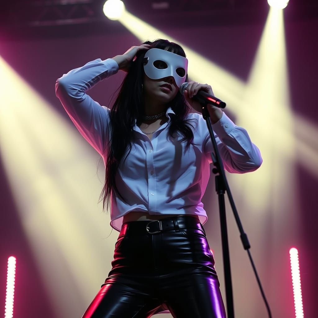 Futuristic Singer in Leather on Dimly Lit Stage