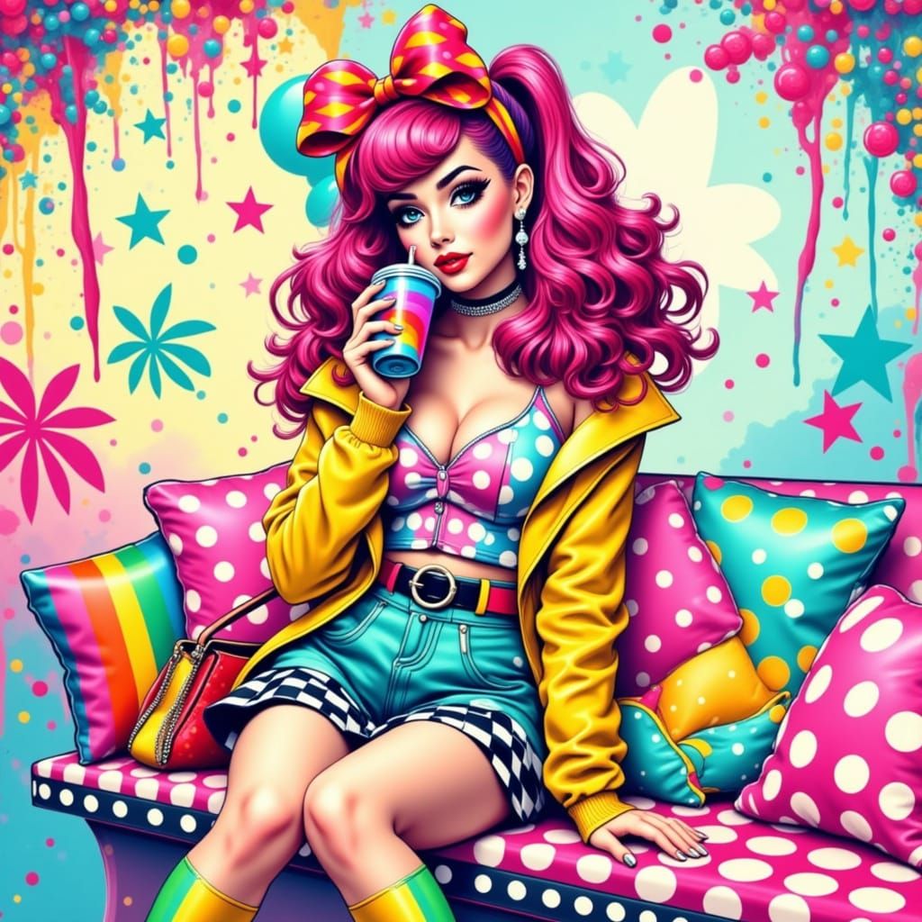 Gamer Girl in Polka Dot Comic Book Style