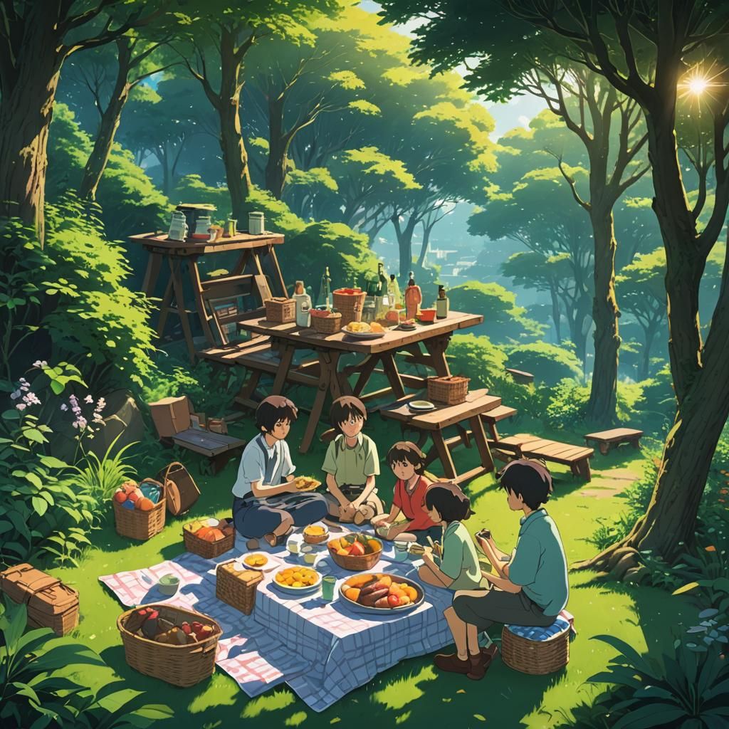 Solarpunk Picnic in Anime Key Visual Style
