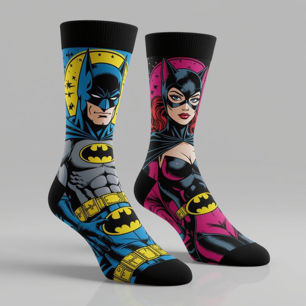 Batman and Catwoman Comic Book Socks in Detailed Art