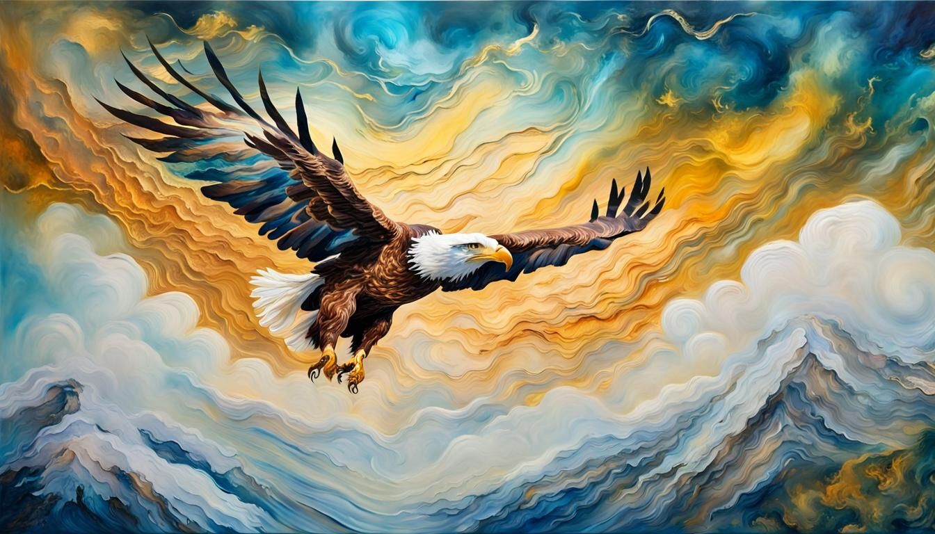 Eagle Soaring in Impressionist Golden Sky