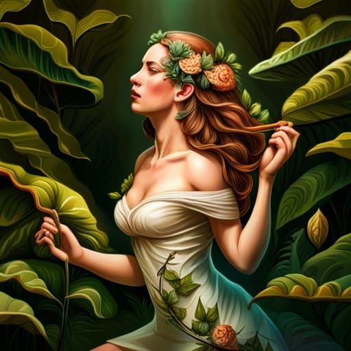 Ethereal Woman Adorned with Flowers in Acrylic Style