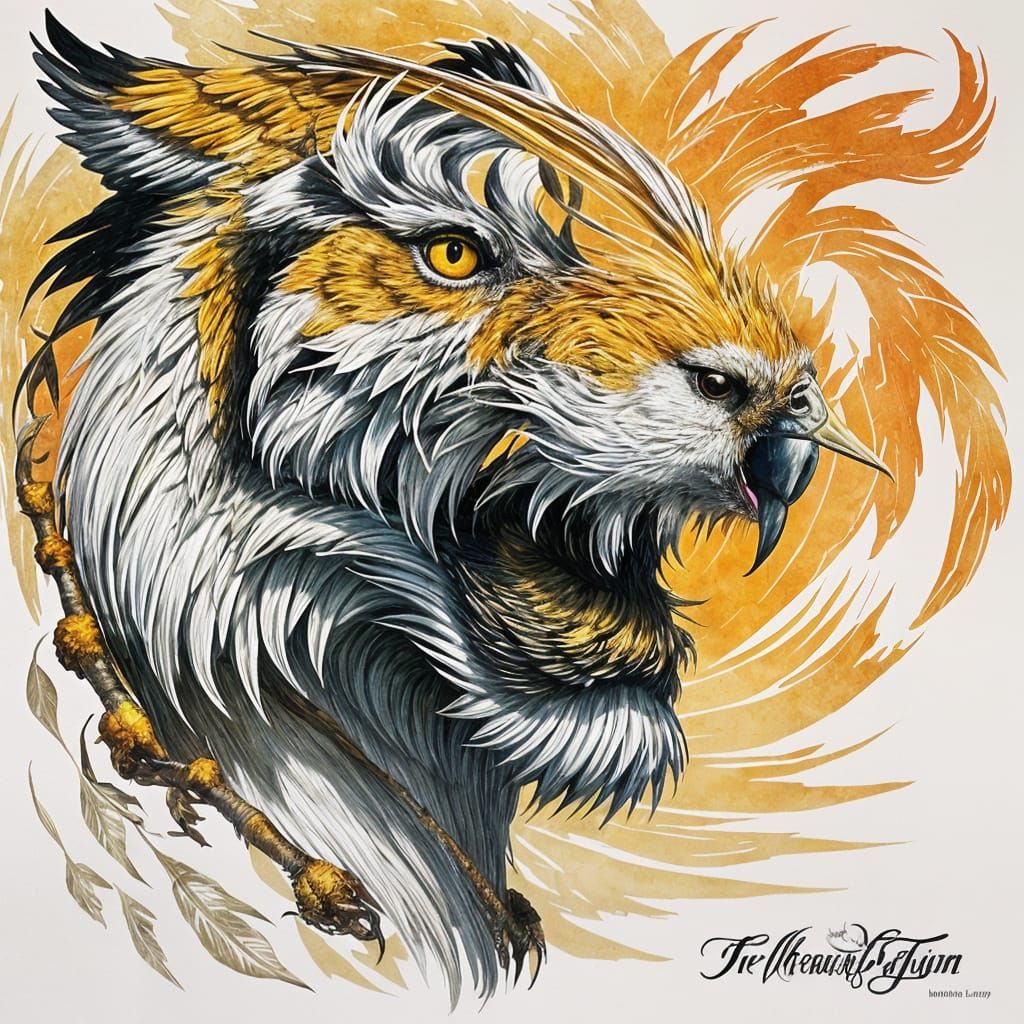 Winged White Tiger with Elvish Script Sunset