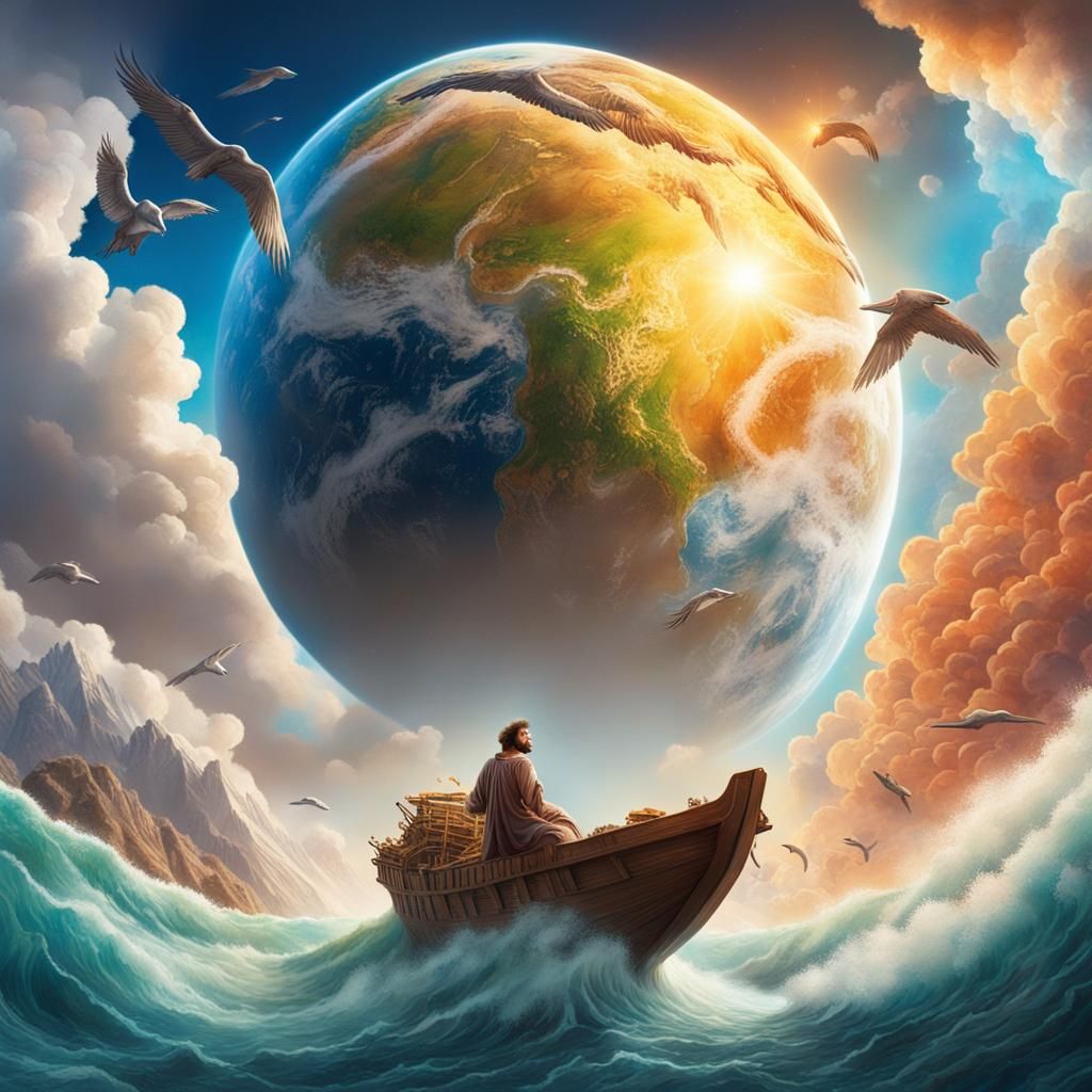 Hyperrealistic Noah on Space Ark Saving Earth