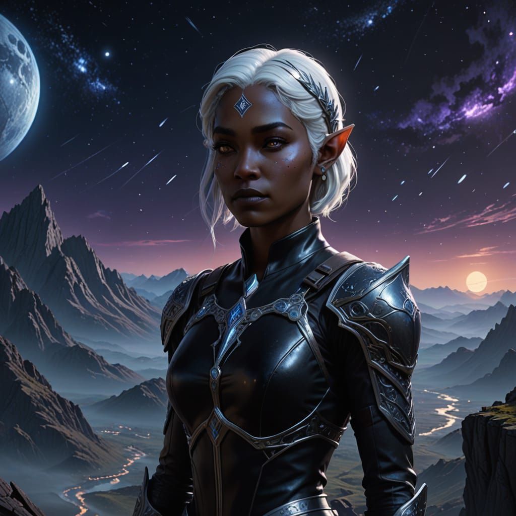 Young Drow Warrior Gazing Up at the Stars in a Cosmic Landsc...