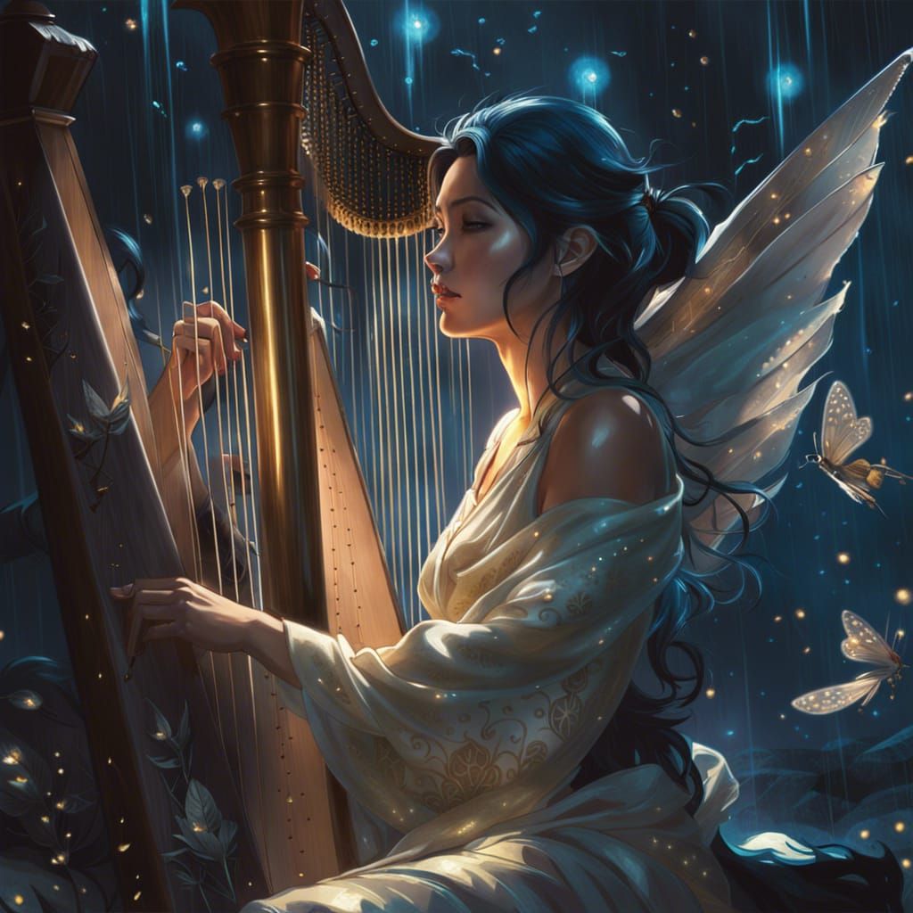 Woman Plays Harp in Azure Rain: Digital Art