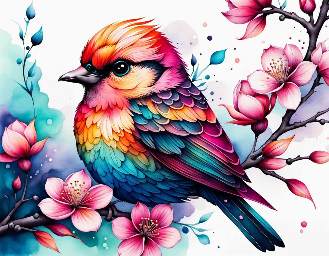 Blossom Bird: Bright Linework Tattoo Concept Art