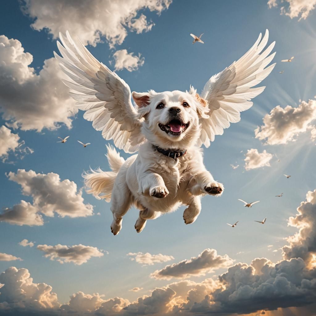 Winged White Dog Soaring in the Sky