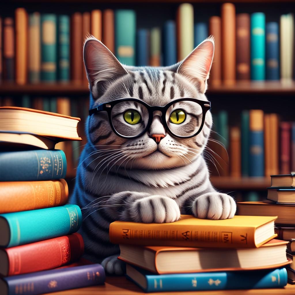 Cat in Glasses Reads in Cozy Library: Pixar Style