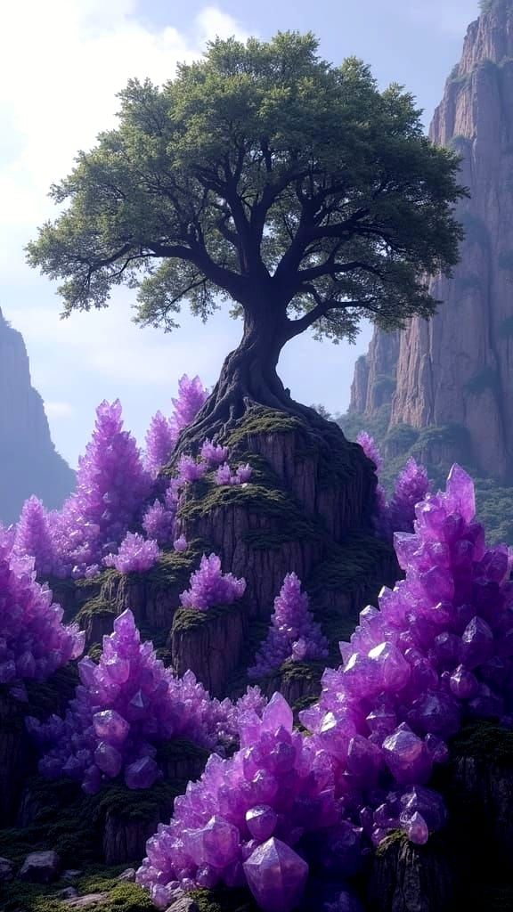 Colossal Ancient Tree Rises From Giant Amethyst Crystals
