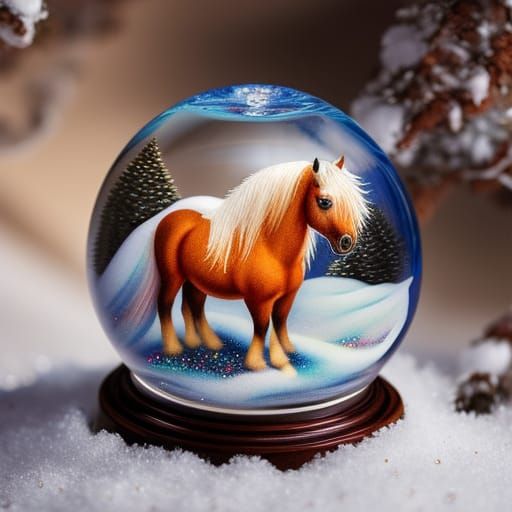 Chibi Pony in Snowglobe: Hyperdetailed Gouache Illustration