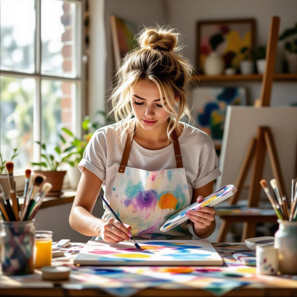 Blonde Artist Painting in Sunlit Studio