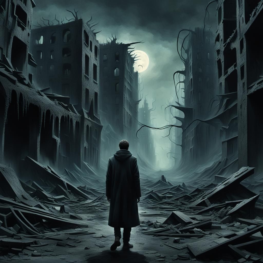 Dystopian Surrealism: Man Running in Destroyed City