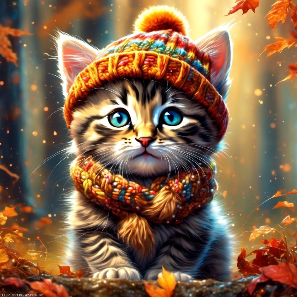 Autumnal Kitten in Colorful Style with Beanie