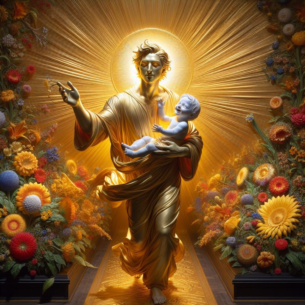 Radiant Figure on Golden Path with Infant