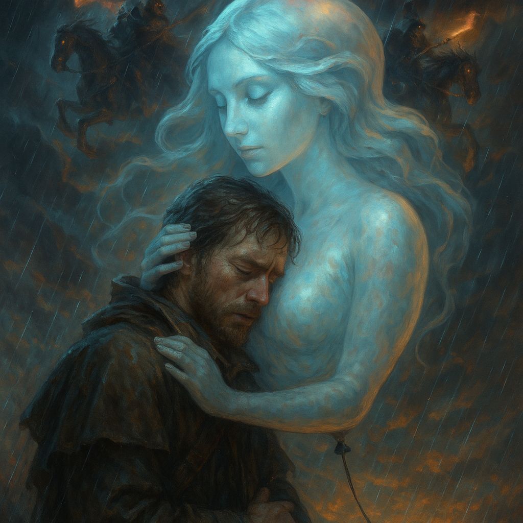 Traveler Shelters with Balloon Woman in Stormy Sky