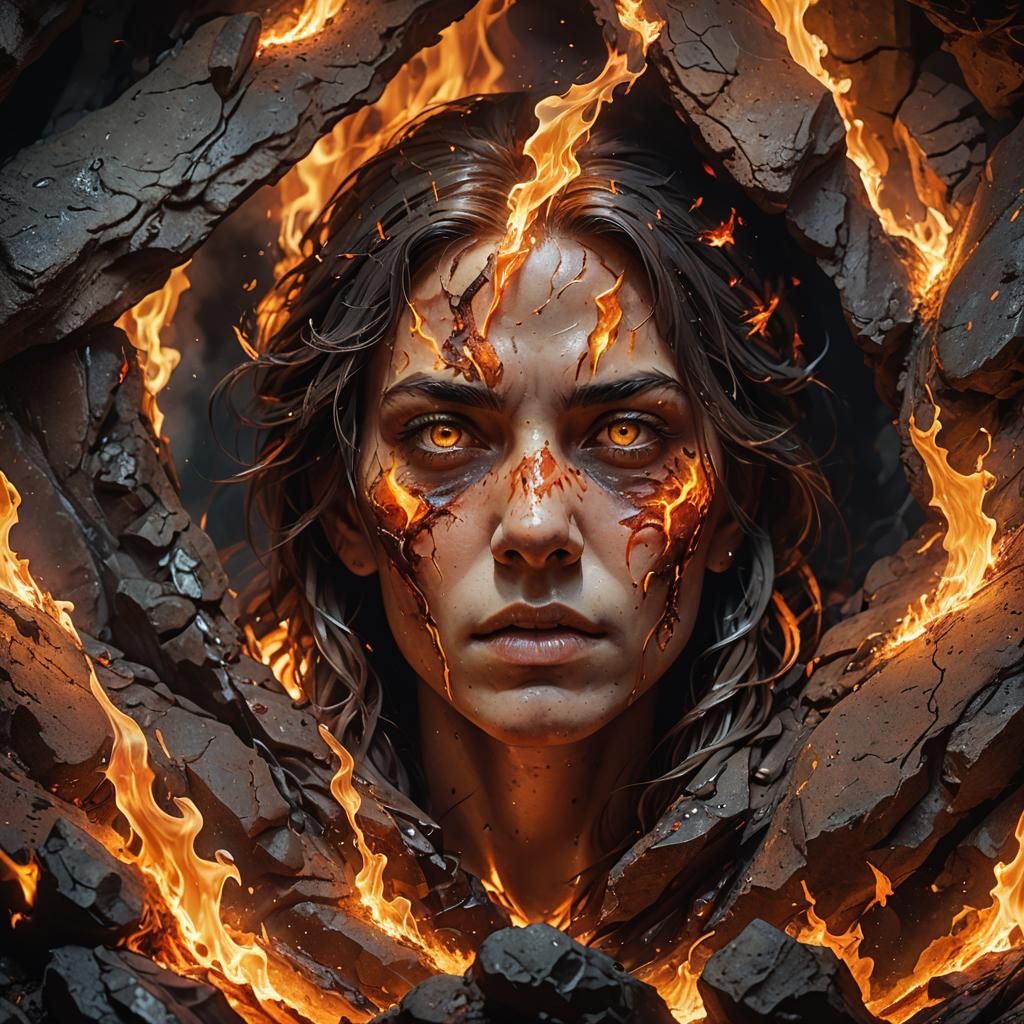 Ghostly Figures in Cave of Fire: Hyperrealistic Splash Art