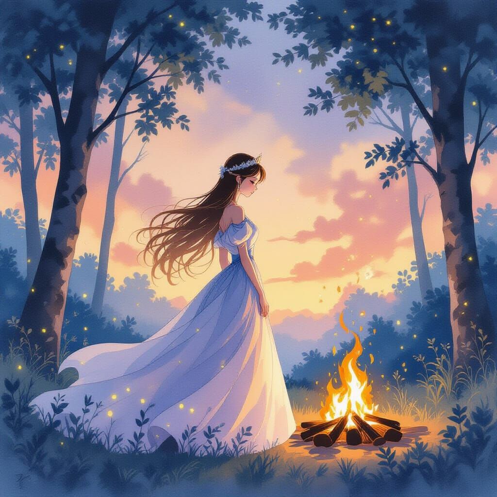 Princess in Oak Leaf Gown Before Twilight Pyre