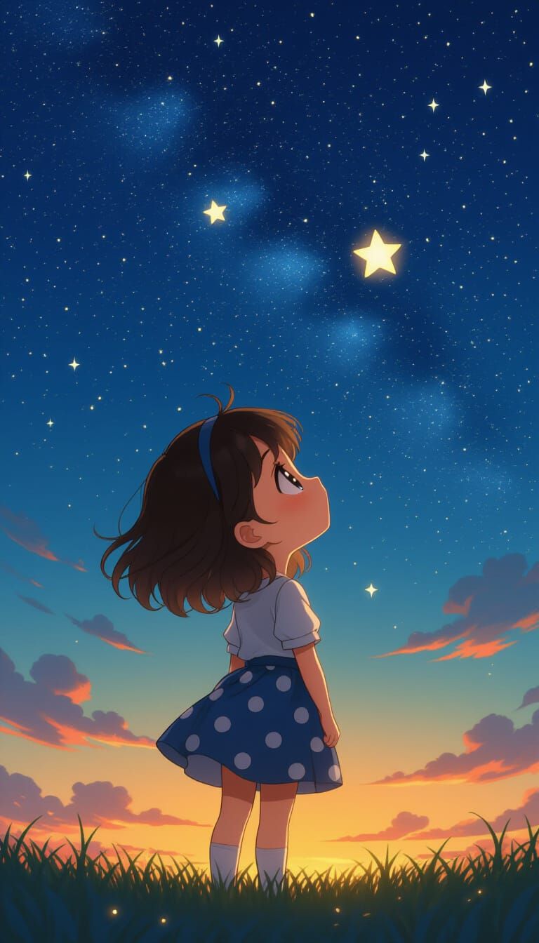 Chibi Woman Stargazing in Polka Dots, Photorealistic