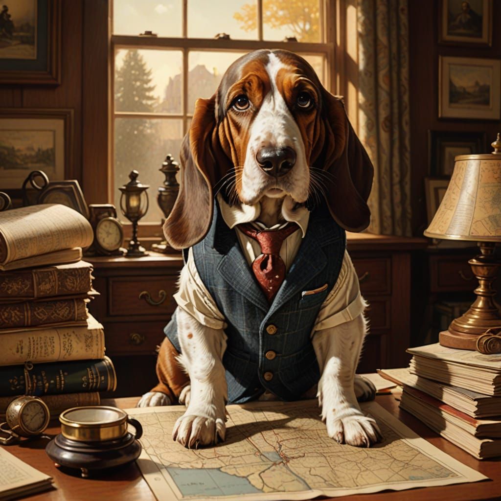Distinguished Basset Hound in Tweed Waistcoat with Spectacle...