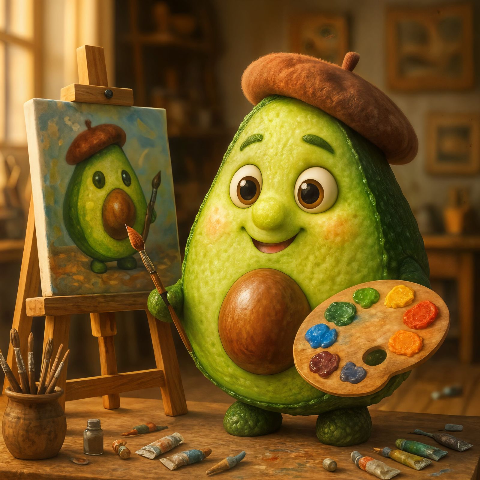 Adorable Cartoon Avocado Painter in Art Studio