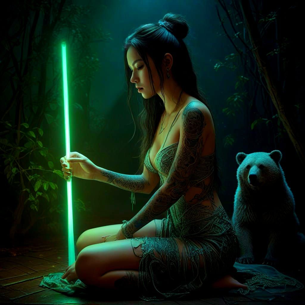 Tattooed Woman with Neon Glow Stick, Dreamlike Art