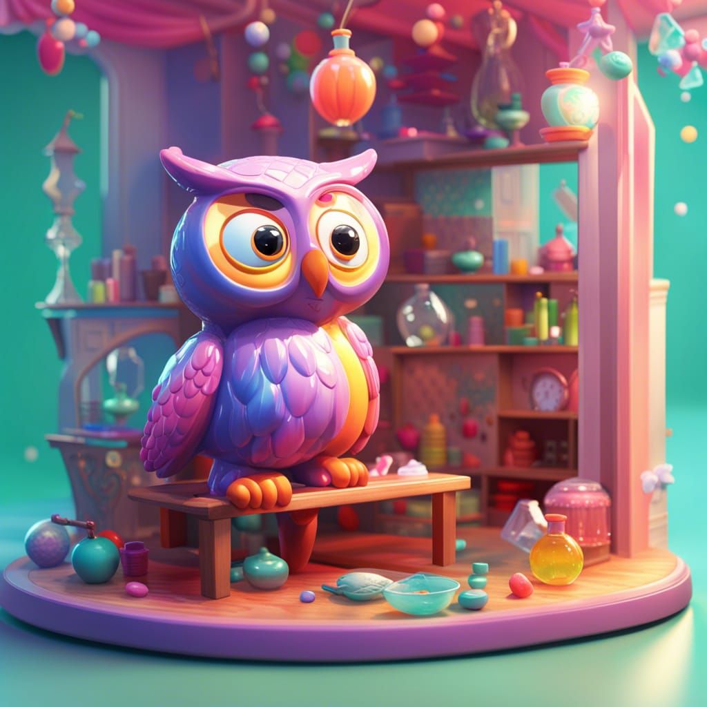 Blown Glass Owl Bear Wreaks Havoc: 3D Digital Art