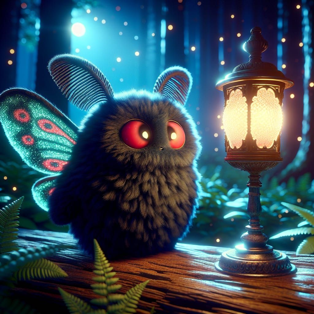 Adorable Mothman Cryptid Gazing at Antique Lamp
