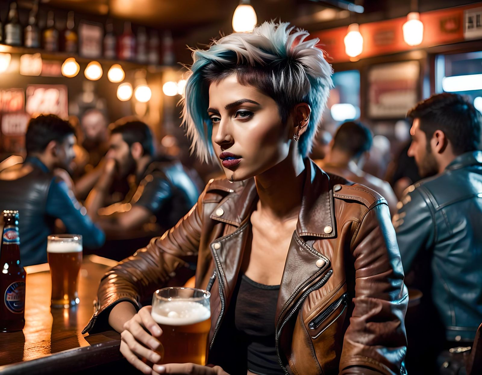 Indian Woman with Blue Hair Drinks Beer