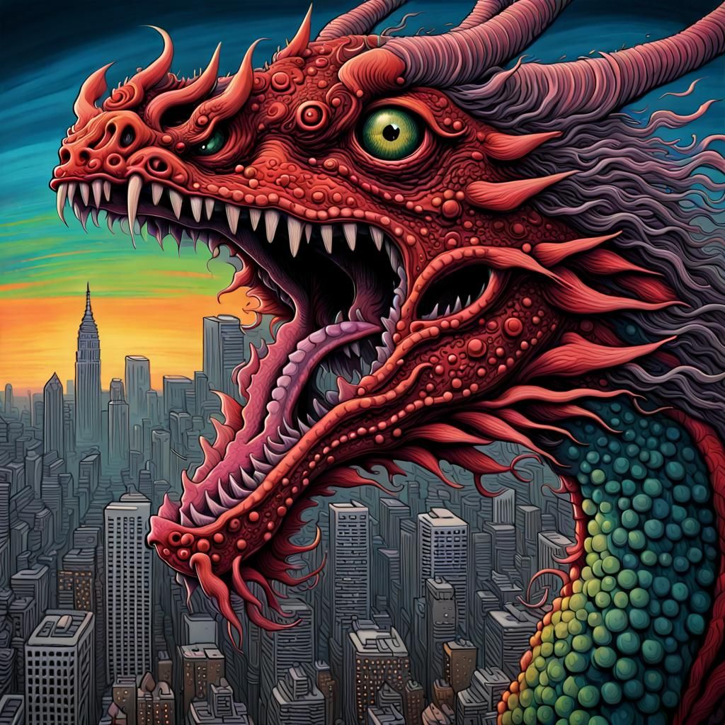 Dragon Head Cityscape in Psychedelic Surrealist Style